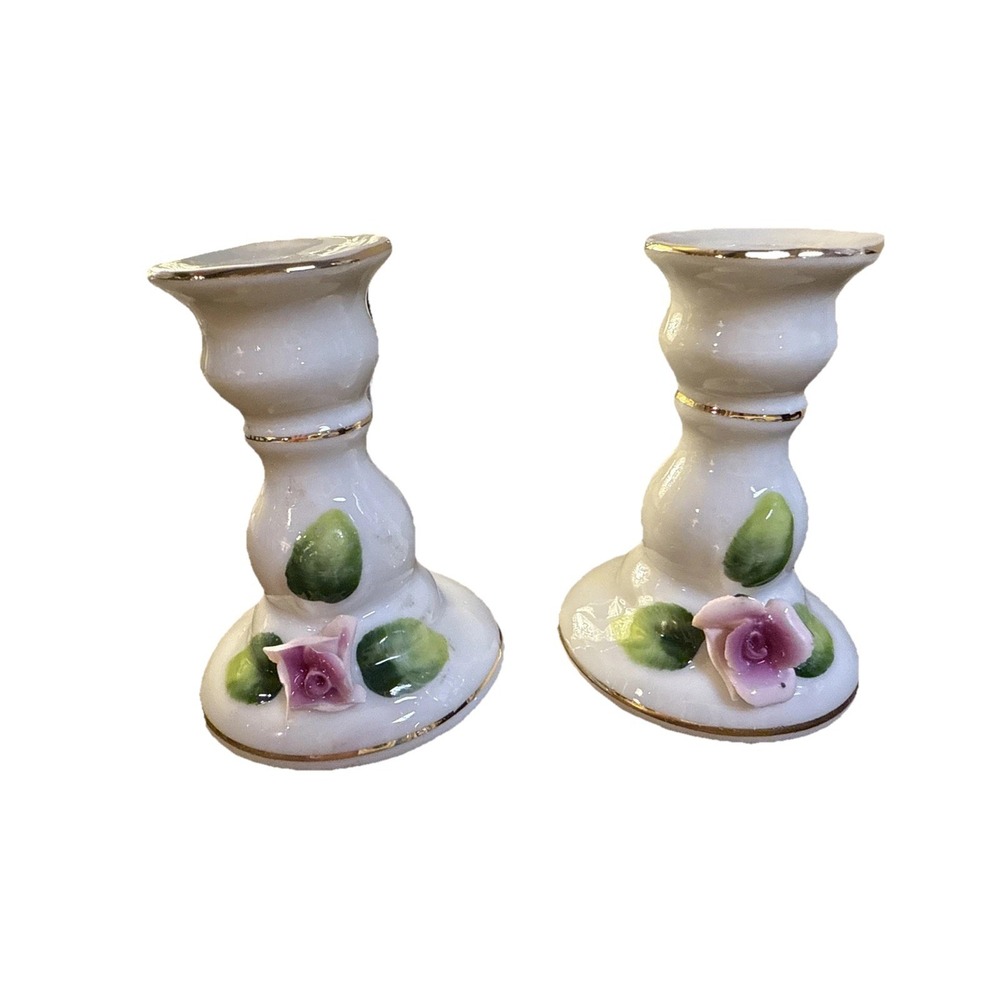 Vintage Japan, Raised Rose & Leaf Gold Trim Bone China 3" Candlesticks Set of 2‎